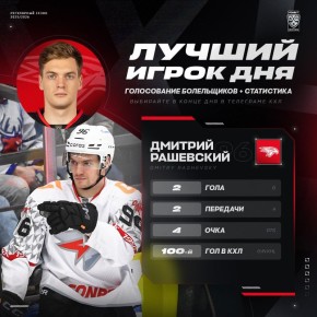 Хоккеист омского «Авангарда» Дмитрий Рашевский стал лучшим игроком дня