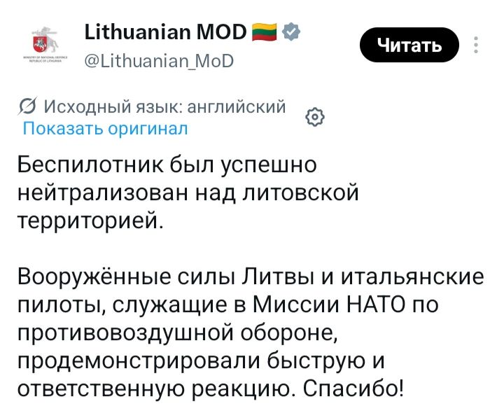 Минобороны Литвы подтвердило уничтожение неизвестного беспилотника над территорией страны силами НАТО